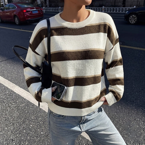 Damen Lockerer Maritim-inspirierter Oversize-Strickpullover mit breiten Blockstreifen und gerippten Bündchen Echoarchiv