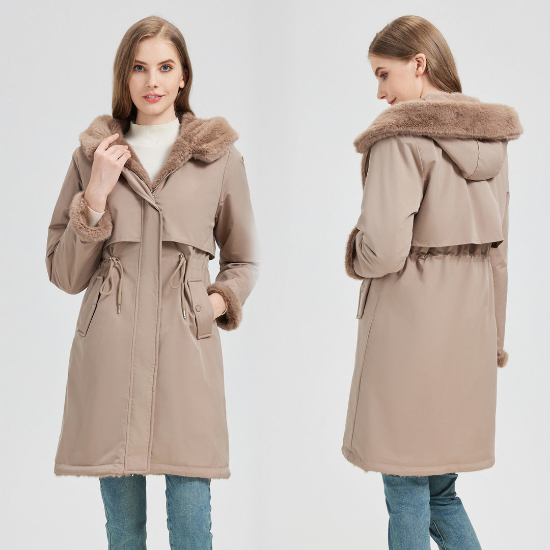 Damen langer Parka mit abnehmbarer Kunstfellkapuze und taillenverstellendem Kordelzug – Montévia