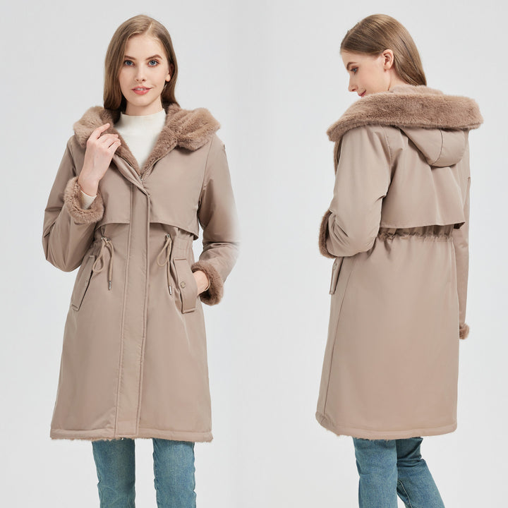 Damen langer Parka mit abnehmbarer Kunstfellkapuze und taillenverstellendem Kordelzug – Montévia