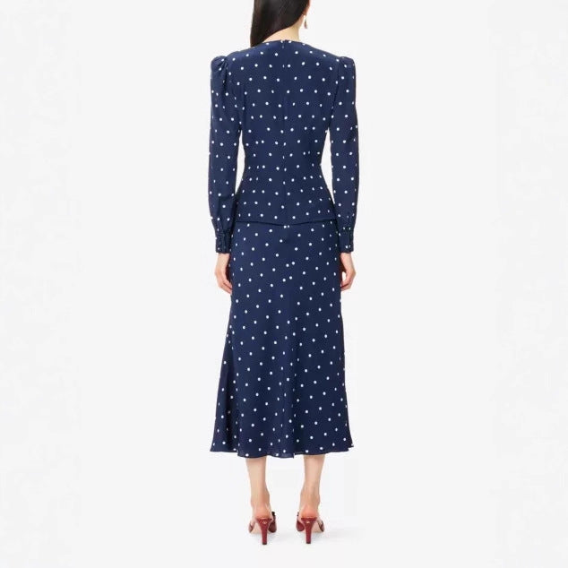 Damen Elegantes Polka-Dot Maxikleid mit tiefem V-Ausschnitt Echo Archiv