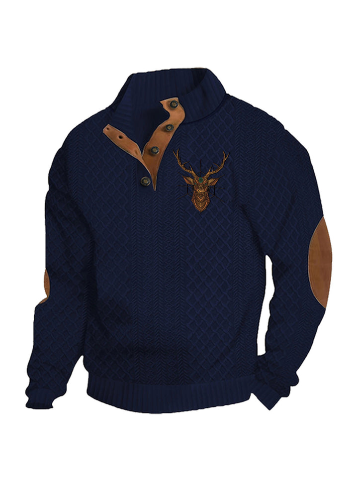 Herren nan Heritage-Strukturpullover mit Stehkragen Lederimitat-Besatz Ellenbogen-Patches und Halbknopfleiste Echo Archiv