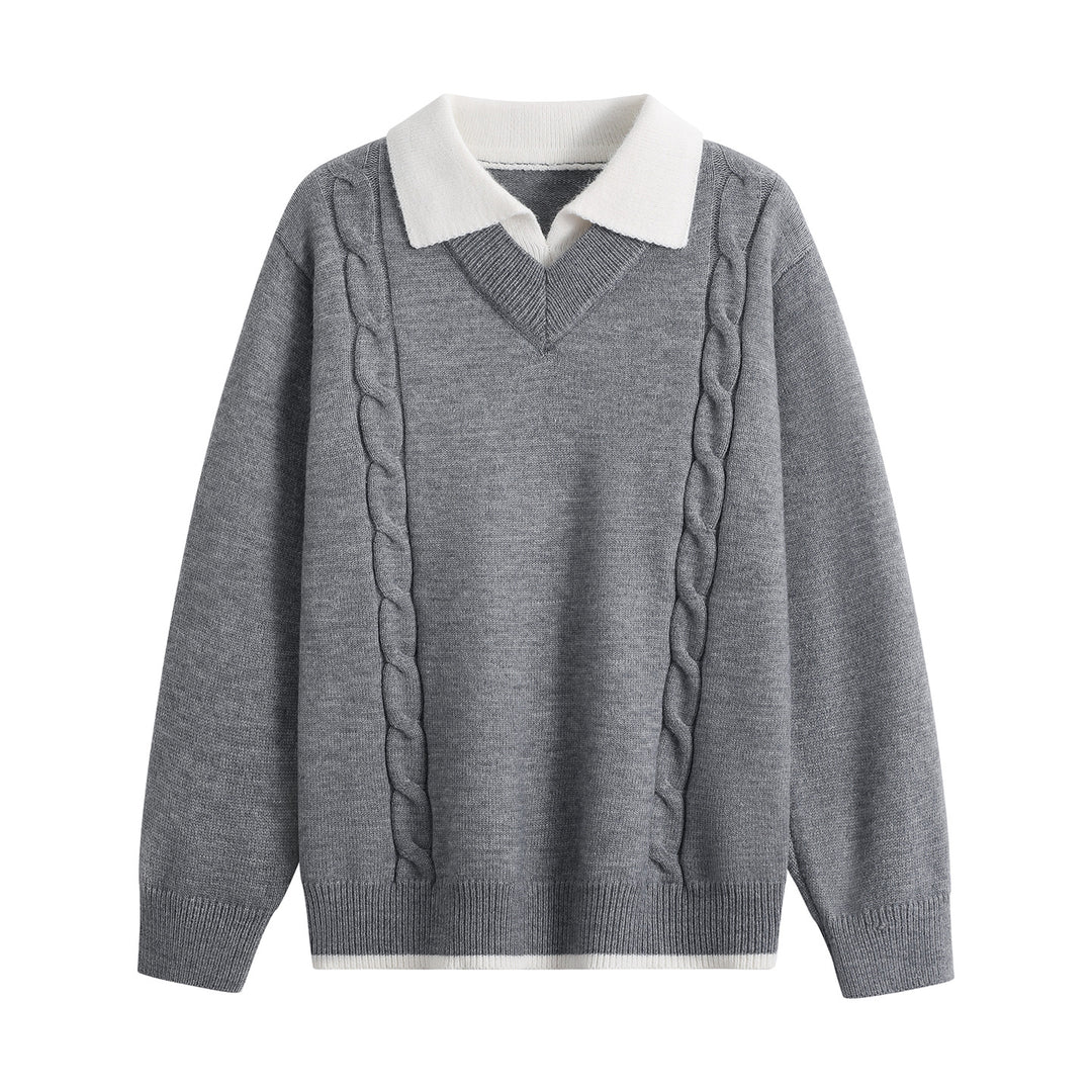 Damen Oversize-Pullover mit V-Ausschnitt, kontrastierendem Polokragen & Zopfstrick-Details Echoarchiv