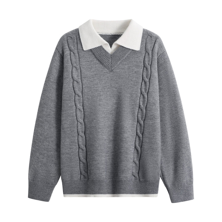 Damen Oversize-Pullover mit V-Ausschnitt, kontrastierendem Polokragen & Zopfstrick-Details Echoarchiv
