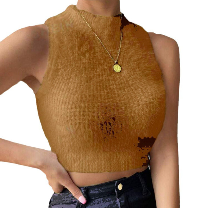 Damen Kurz geschnittenes ärmelloses geripptes Strick-Crop-Top mit Stehkragen – Avérine