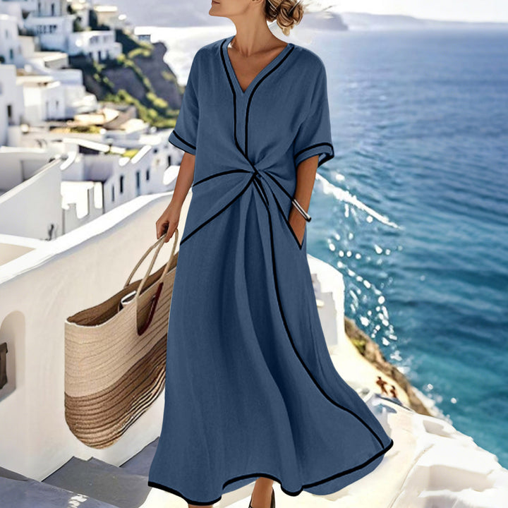 Damen Langes A-Linienkleid mit V‑Ausschnitt, Knoten-Detail und Kontrastpaspel – Élara