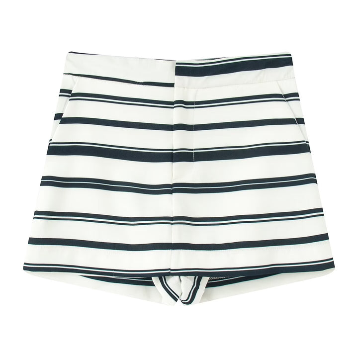 Damen gestreiftes Blazer- und Shorts-Set mit eleganten Knopfdetails Echo Archiv