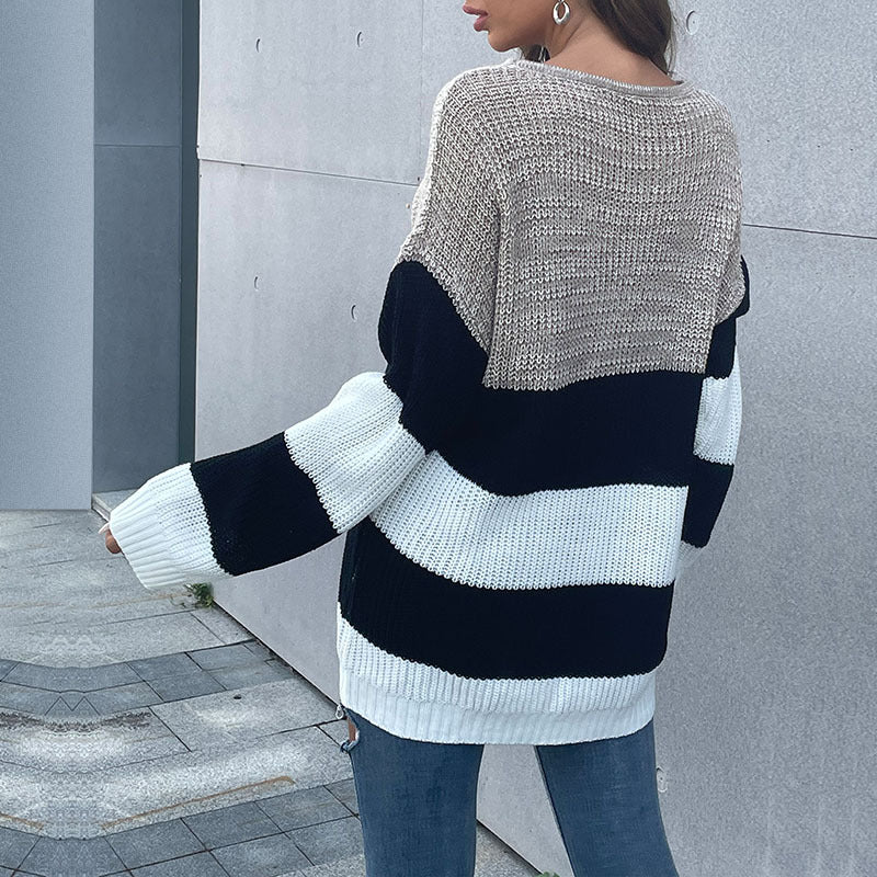 Damen Oversize-Blockstreifen-Pullover aus grobem Strick mit weitem Schnitt Echoarchiv