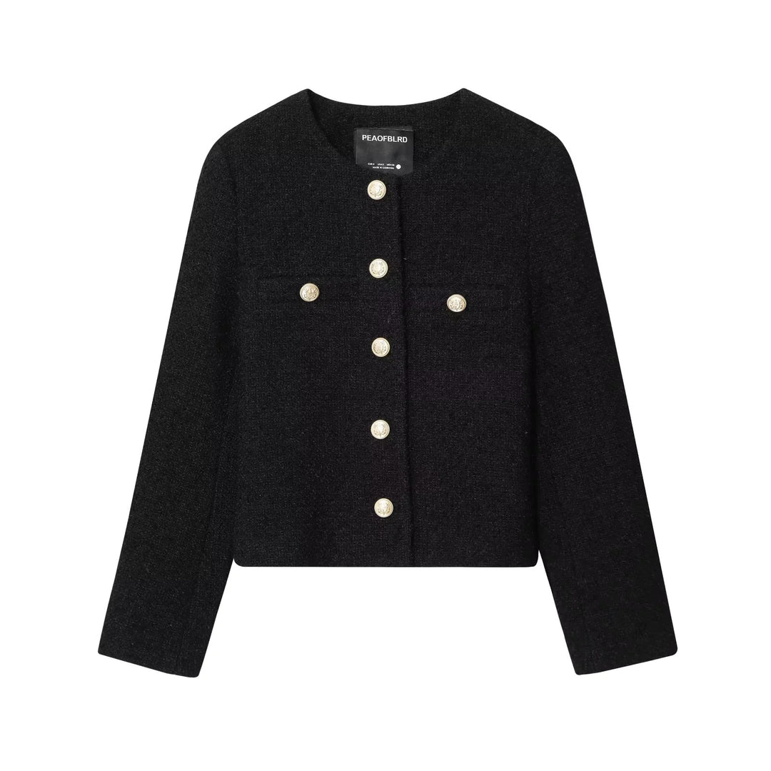 Damen kastige Bouclé-Jacke mit Rundhalsausschnitt goldenen Zierknöpfen und aufgesetzten Brusttaschen – Célinea