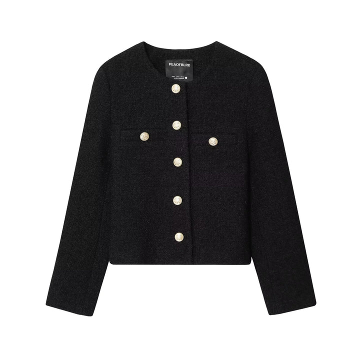 Damen kastige Bouclé-Jacke mit Rundhalsausschnitt goldenen Zierknöpfen und aufgesetzten Brusttaschen – Célinea