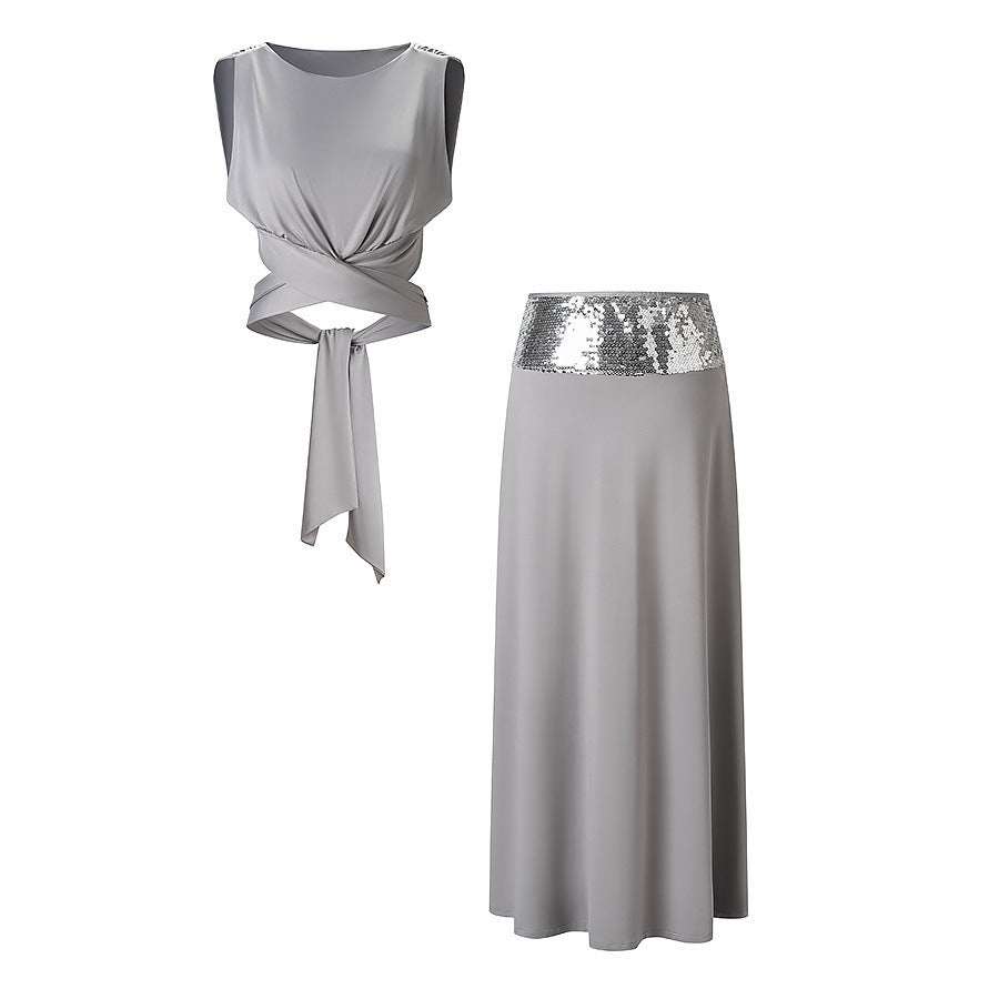 Damen elegantes Wickeloberteil und maxilanger Rock mit Paillettenbund Echo Archiv
