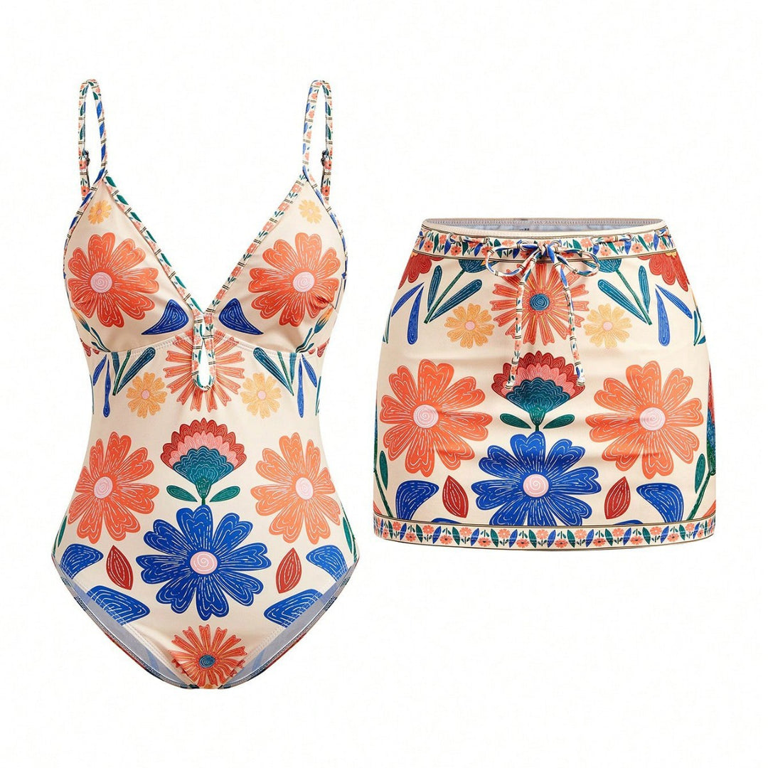 Damen Bikini-Set mit floralem Design und passendem Rock Echo Archiv