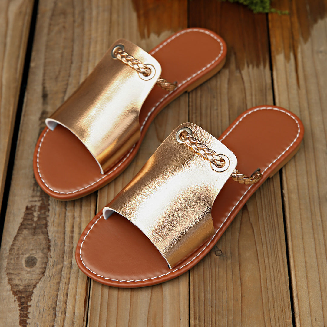 Damen nan elegante flache Pantolette mit breitem Obermaterial und geflochtenem Zehenriemen Echo Archiv