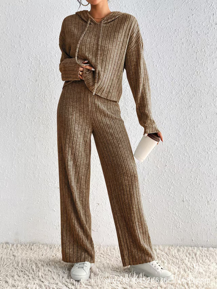 Damen Geripptes Kuschel-Lounge-Set aus Chenille mit Kapuzenpullover und weitem Hosenbein Echo Archiv