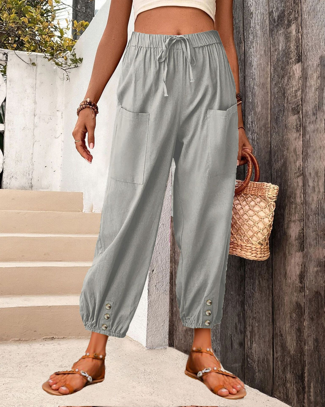 Damen Leinenlook Loungehosen mit hohem elastischem Taillenbund, Kordelzug, aufgesetzten Taschen und geknöpftem Saum – Avélisse