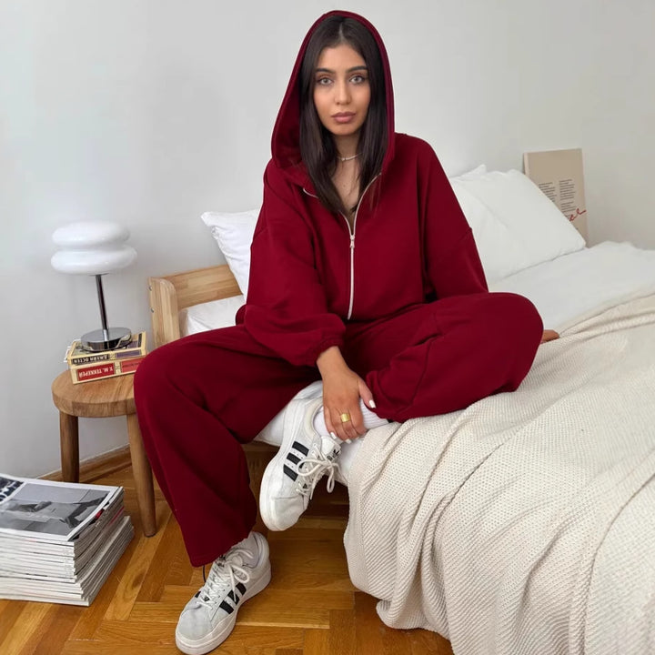 Damen kurzes Kapuzenzipper-Lounge-Set mit oversized Ärmeln und weitem Jogginghose-Schnitt – Auréline