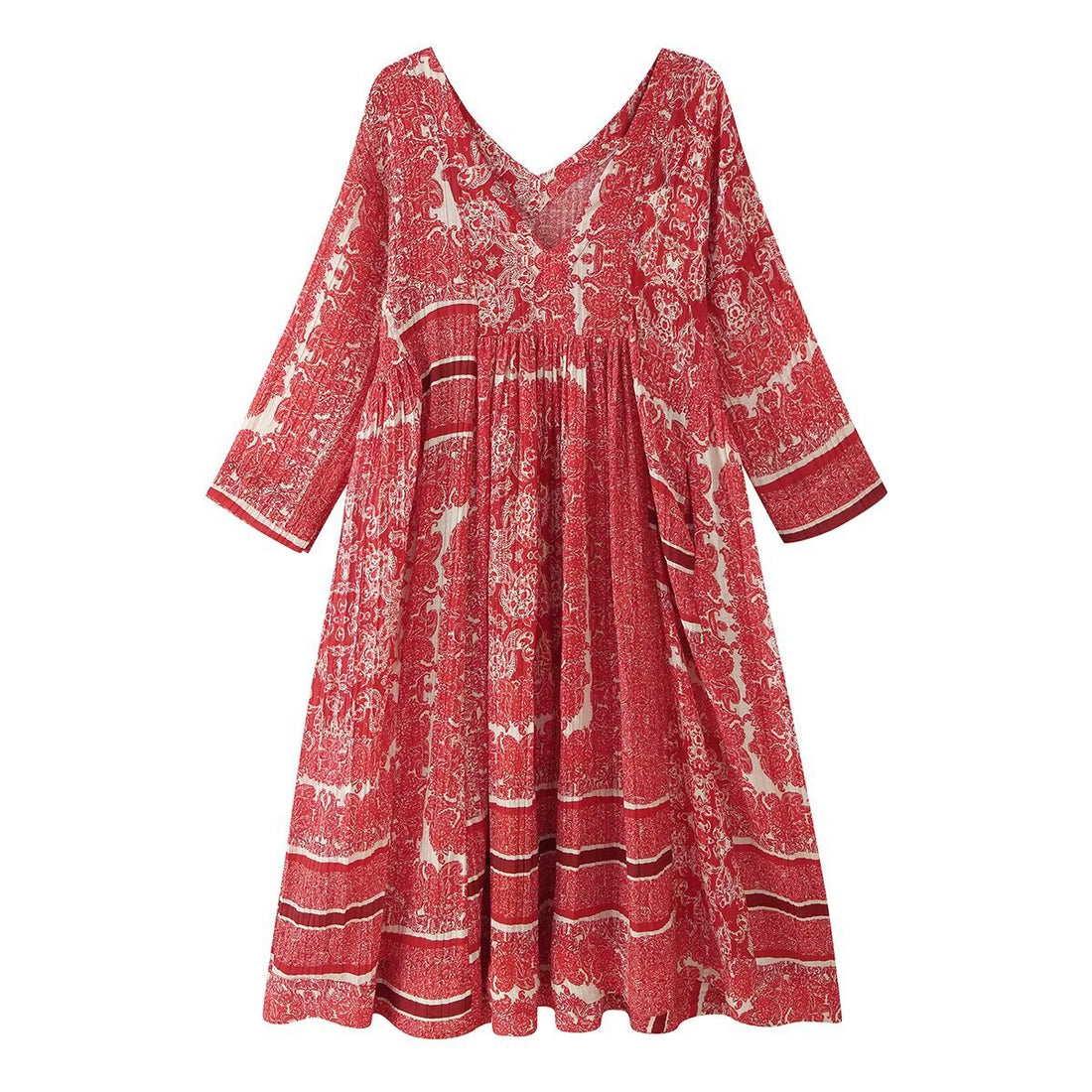 Damen Langes Boho-Maxikleid mit V-Ausschnitt und geraffter Empire-Taille Echoarchiv