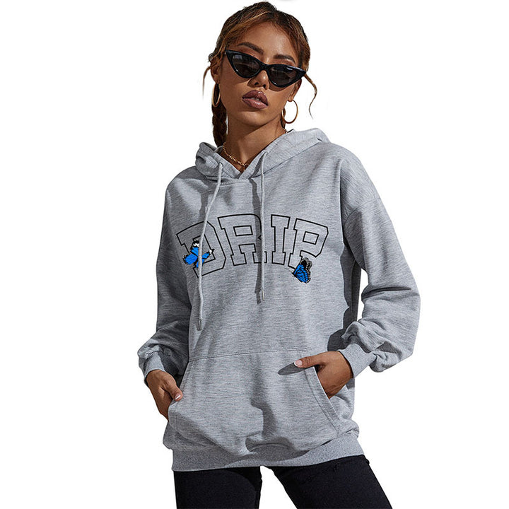 Damen Oversize-Kapuzenpullover mit Kängurutasche und Schmetterling-Stickerei Echoarchiv