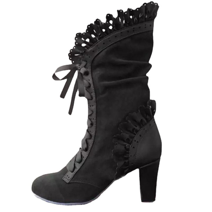 Damen Schnür‑Stiefelette mit Rüschenbesatz und mittelhohem Blockabsatz Echoarchiv
