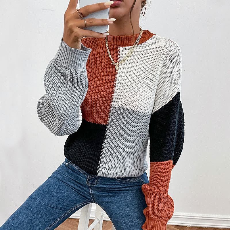 Damen Grobgestrickter Colorblock-Pullover Oversize mit Rundhals & Ballonärmeln Echoarchiv