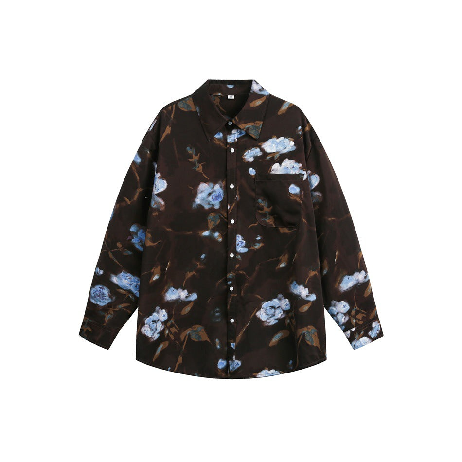Damen Oversize-Hemdbluse mit abstraktem Blumenprint und aufgesetzter Brusttasche Echoarchiv
