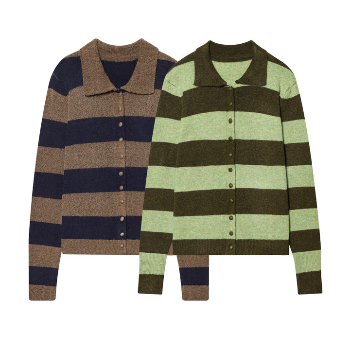 Damen gestreifte Strickjacke mit Hemdkragen, Knopfleiste und kastiger Passform – Veloura
