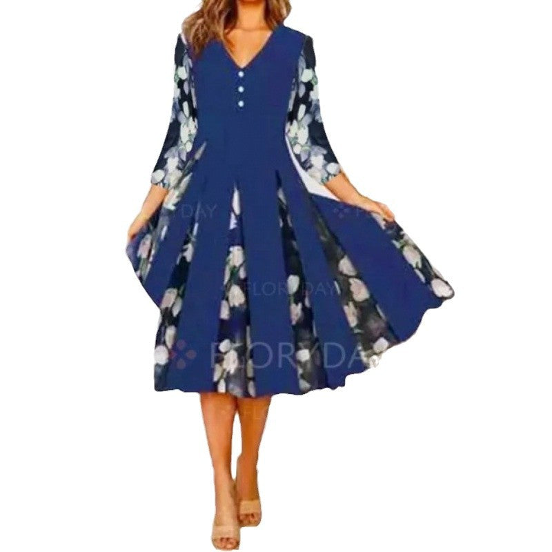 Damen V-Ausschnitt Midi-Kleid mit fließendem Rock und floralem Ärmeldesign Echoarchiv