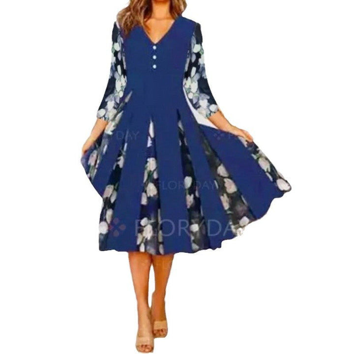 Damen V-Ausschnitt Midi-Kleid mit fließendem Rock und floralem Ärmeldesign Echoarchiv