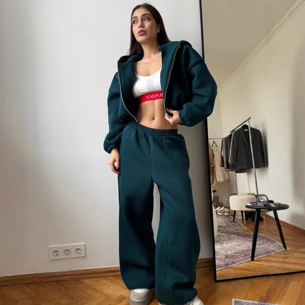 Damen kurzes Kapuzenzipper-Lounge-Set mit oversized Ärmeln und weitem Jogginghose-Schnitt – Auréline