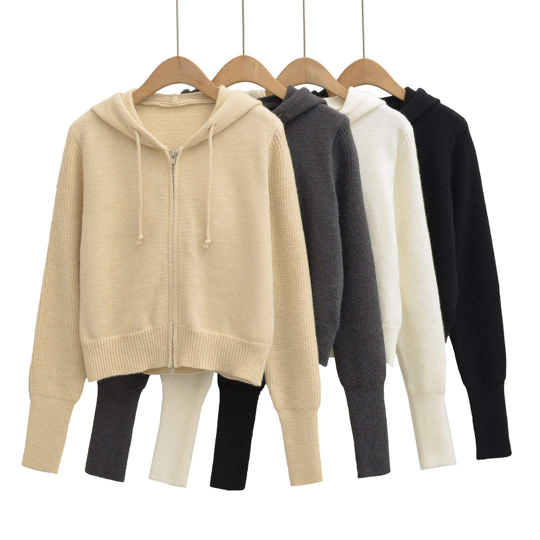 Damen Kurze Kapuzen-Strickjacke mit Reißverschluss und tailliertem Rippenbund Echoarchiv