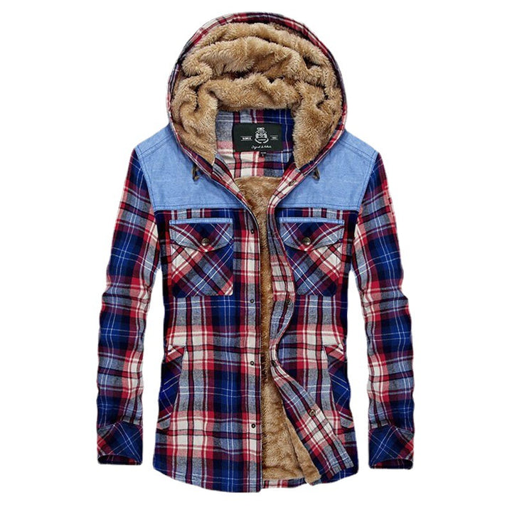 Herren Gefüttertes kariertes Overshirt mit Kapuze und Kunstfellfutter – Taviero