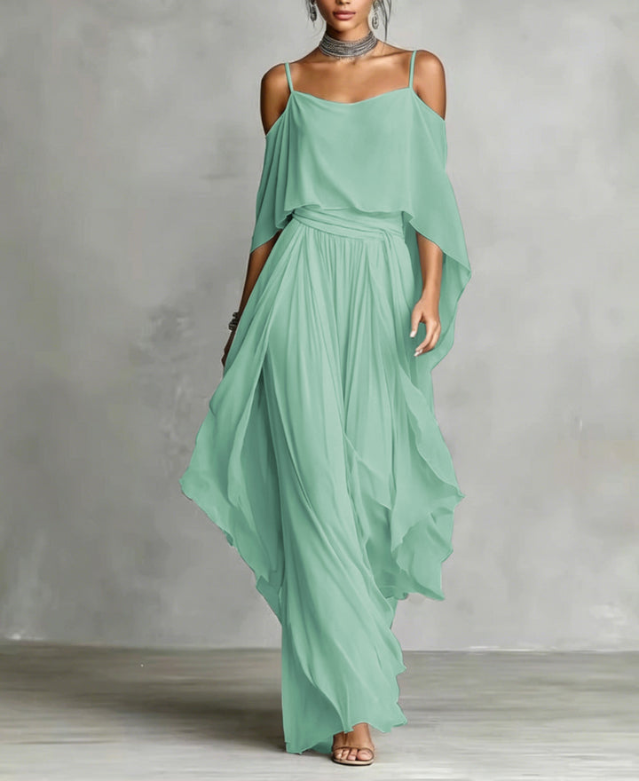 Damen Lange Chiffon Maxi Kleid mit Kaltem Schulter, Spaghetti-Träger und Geschichtetem Cape – Valéora