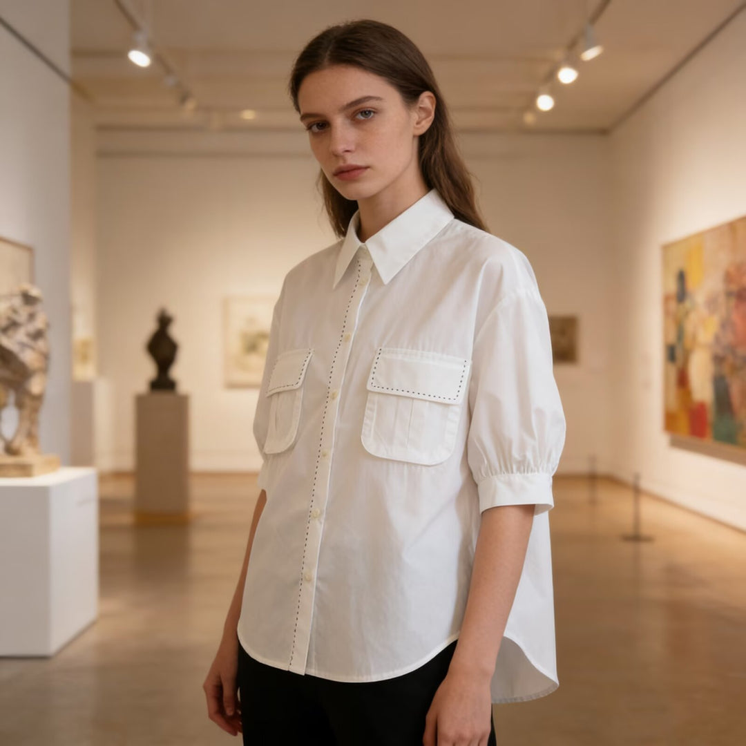 Damen Hemdbluse mit Puffärmeln, aufgesetzten Brusttaschen und dekorativer Naht Echoarchiv