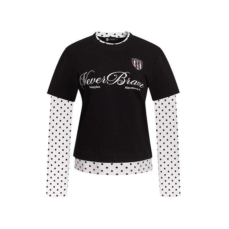 Damen Lagen-Langarmshirt mit Tupfen-Innenlayer und kalligrafischem Statement-Print Echoarchiv