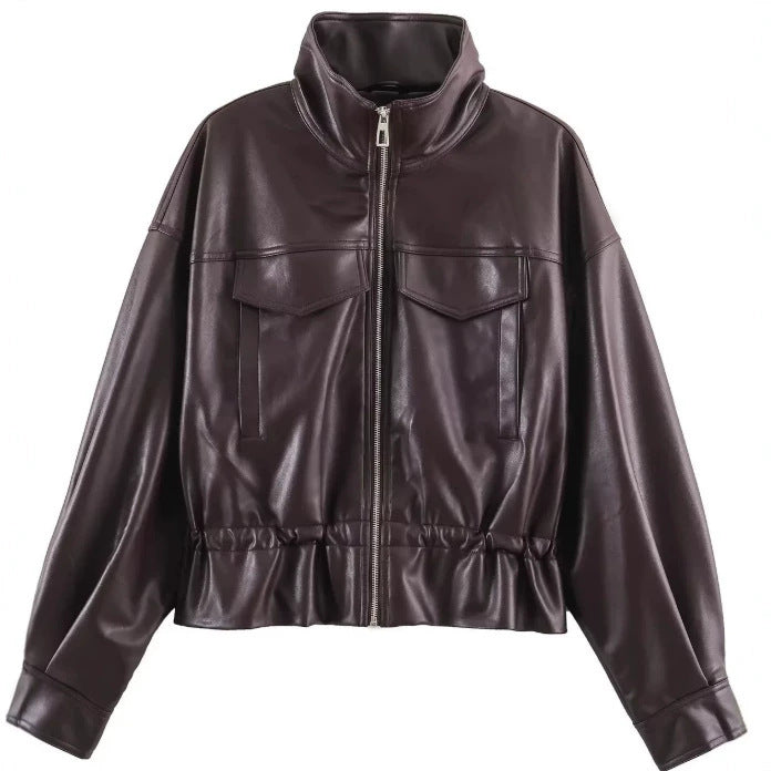 Damen Cropped Kunstleder‑Blouson mit Stehkragen, Pattentaschen und Tunnelzugtaillierung Echo Archiv