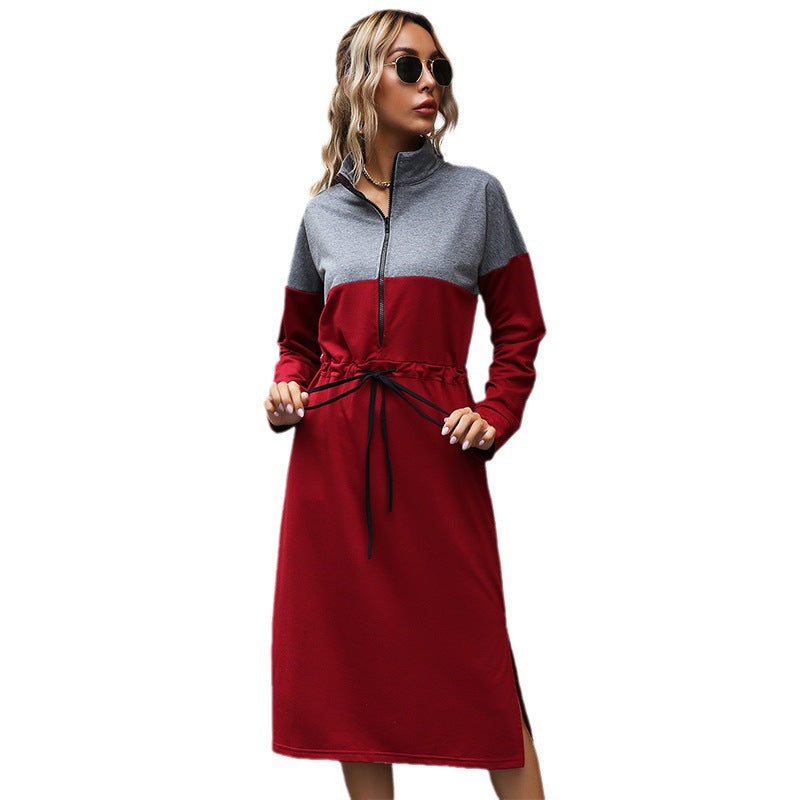 Damen Sportliches Midikleid mit Stehkragen, Reißverschluss & Taillenzug – Élara