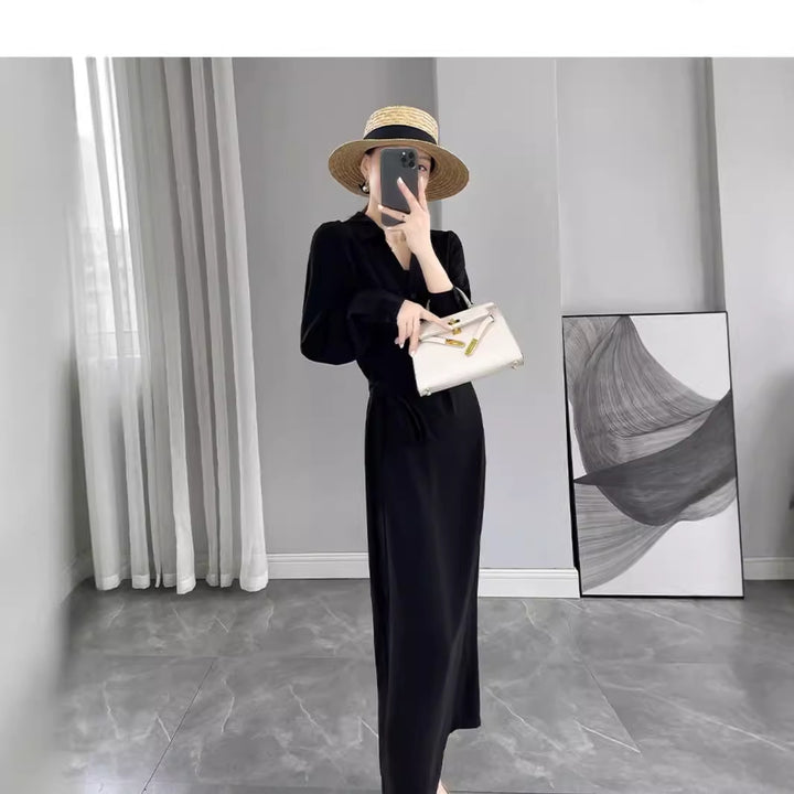 Damen Langärmliges Wickel‑Maxikleid mit Taillengürtel und V‑Ausschnitt Echoarchiv