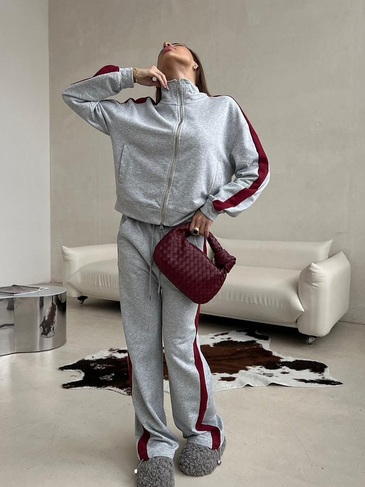 Damen lässiges Zweiteiler-Set mit Stehkragen-Zipjacke und locker geschnittener Tunnelzughose – Élanora