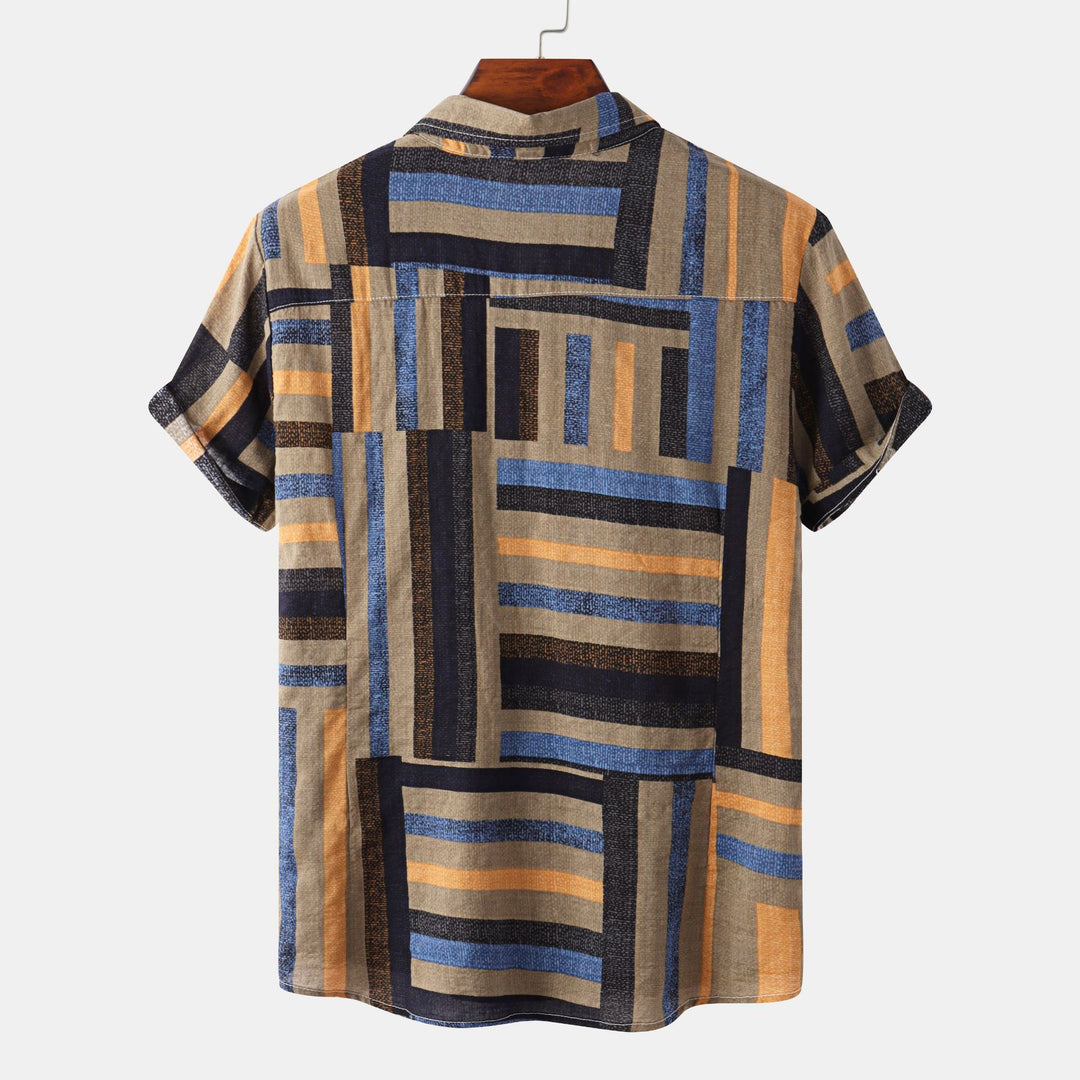 Herren Kurzarmhemd mit kreativem Patchwork-Muster und lockerer Passform Echoarchiv