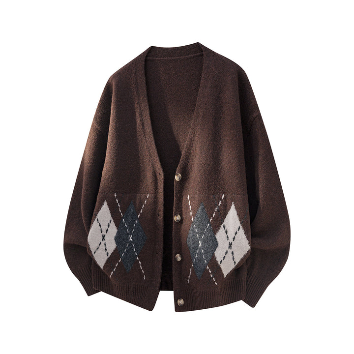 Damen Oversized Strickcardigan mit Argyle-Muster und V-Ausschnitt Echo Archiv