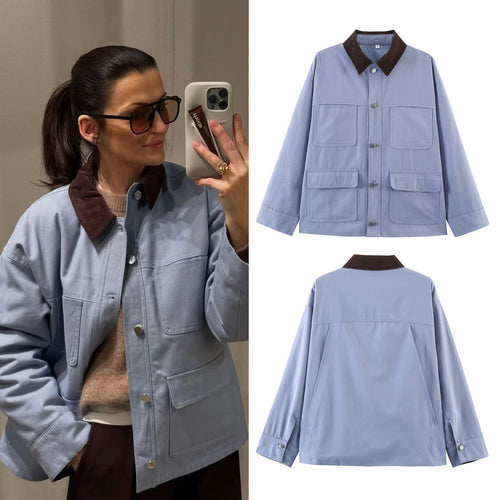 Damen Oversize Utility-Jacke mit Kontrastkragen und aufgesetzten Taschen Echo Archiv
