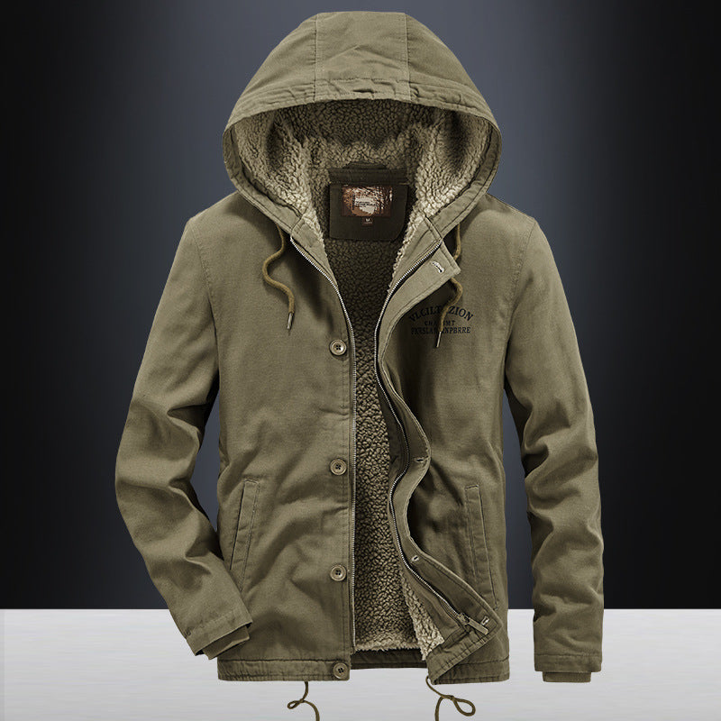 Herren Lässige Canvas-Kapuzenjacke mit durchgehendem Sherpa-Futter und doppelter Front – Taviero