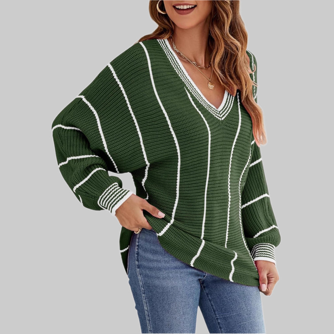 Damen Cropped Strickpullover mit V-Ausschnitt, Waffelstruktur und kontrastierenden Streifen – Mavelle