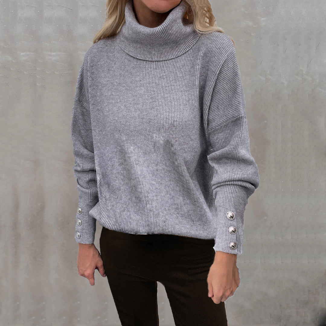 Damen Gerippter Rollkragenpullover mit Oversize-Schnitt und Zierknopfmanschetten Echoarchiv
