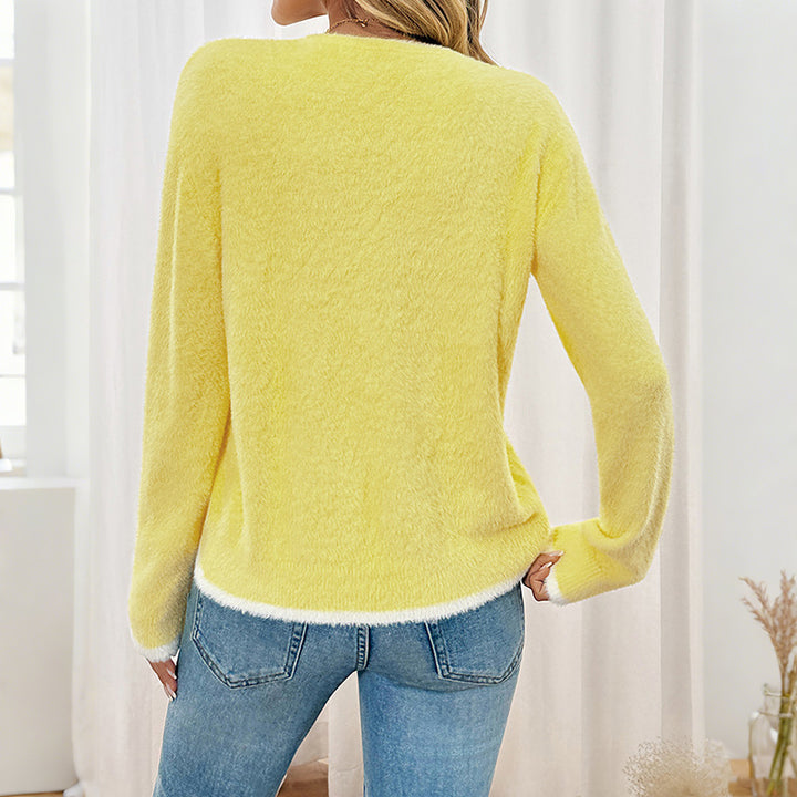 Damen Flauschiger V-Ausschnitt-Cardigan mit Spitzen-Schleifen – Veloura