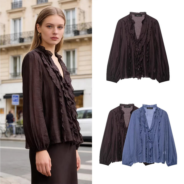 Damen Transparente Crinkle-Bluse mit Volantkragen, Rüschenfront und Ballonärmeln Echo Archiv