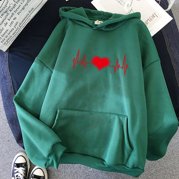 Unisex oversized Kapuzenpullover mit Herz-EKG-Print und Kängurutasche – Auréline