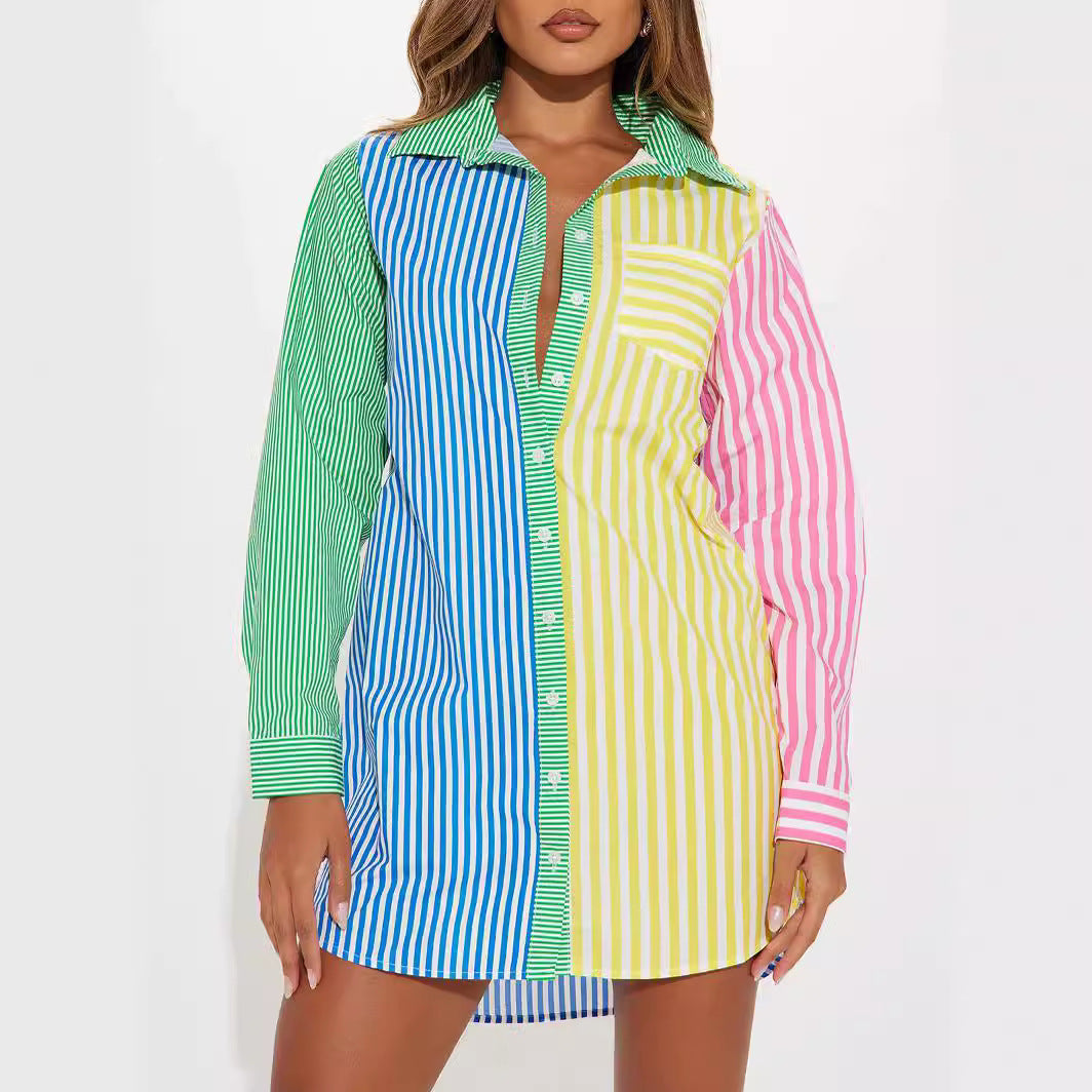 Damen Oversize Hemdblusenkleid mit mehrfarbigem Streifenblock – Avérine