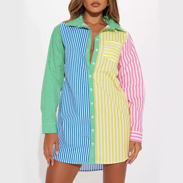 Damen Oversize Hemdblusenkleid mit mehrfarbigem Streifenblock – Avérine