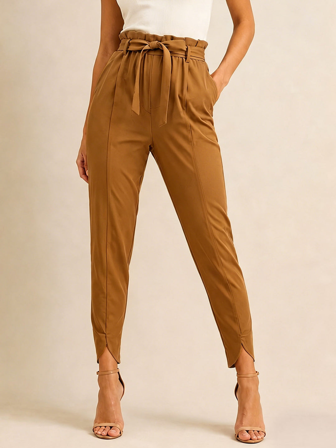 Damen nan hoch taillierte Paperbag-Hose mit Bindegürtel und geschlitztem Knöchelabschluss Echo Archiv