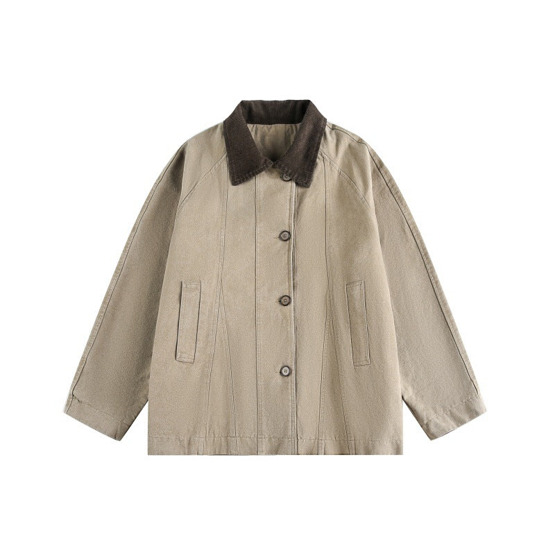 Unisex Kurz geschnittener Boxy-Jeansblouson mit Cordkragen und tonalen Ziernähten Echoarchiv